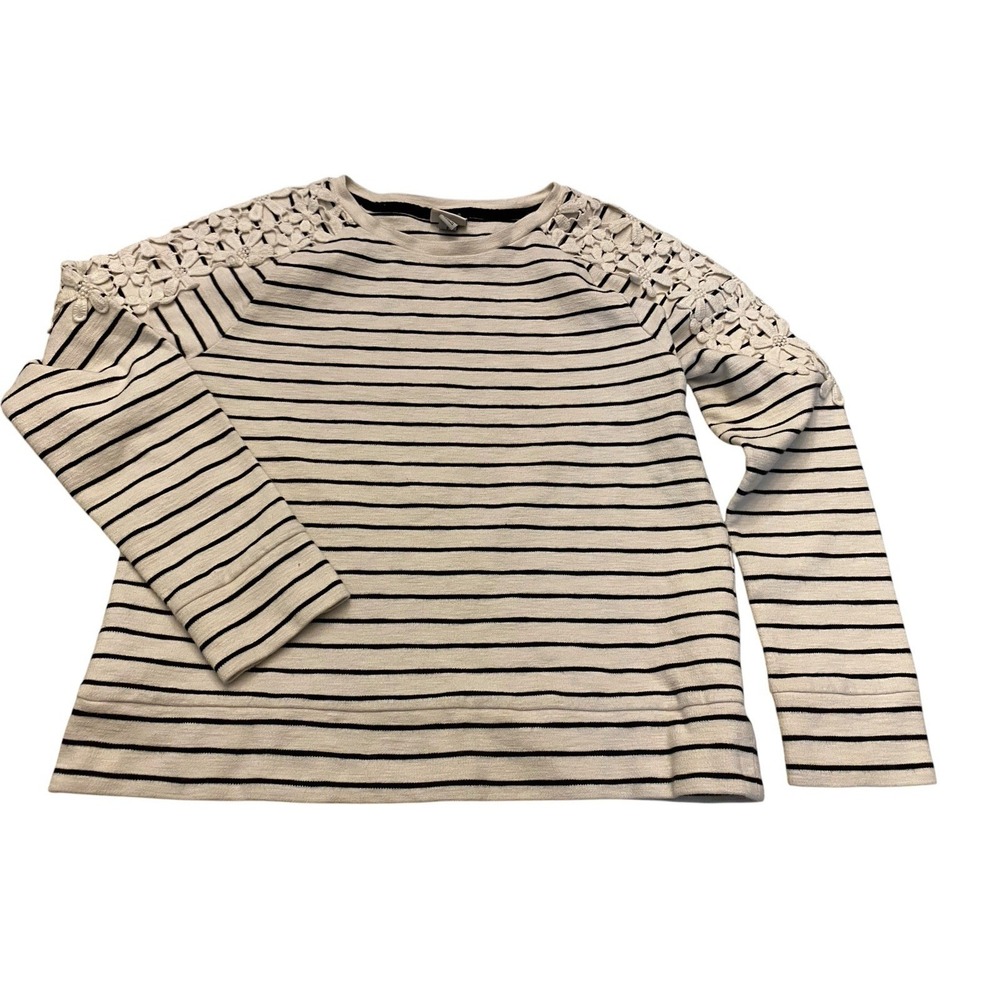 A New Day Top Medium M White Black Stripe Floral Crochet Lace Sleeve Sweatshirt